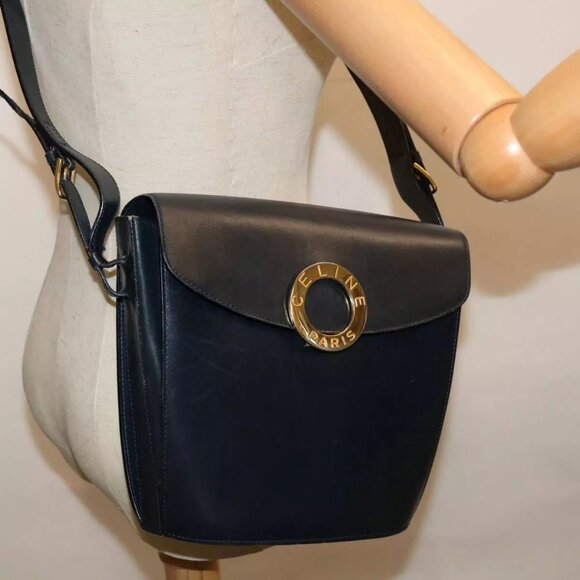 CELINE Shoulder Bag Leather Navy Authentic - Picture 1 of 16